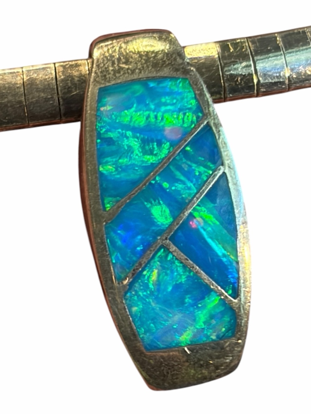 Sterling Silver 925 Blue Opal Mosaic Inlay Pendant Omega Chain Necklace 15”